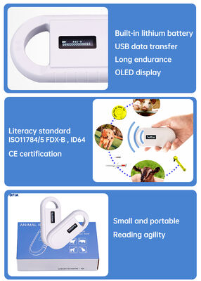 Lector de tarjetas RFID de microchip de plástico para animales portátil PT160 134.2kHz Pantalla OLED USB Batería de litio CE Certificado ISO 11784/11785