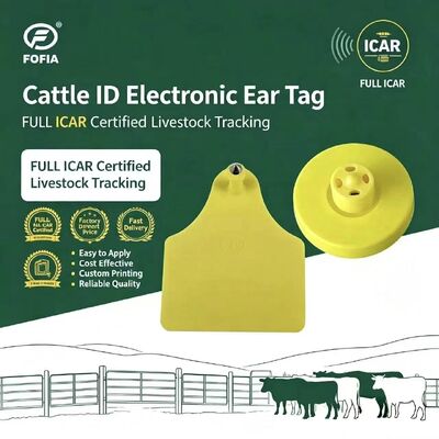 FOFIA Full ICAR LF Durable Waterproof RFID TPU Etiquetas amarillas de orejas de animales ET908+T905 EM4305 Chips 5 años de garantía Ganado 14,5 mm