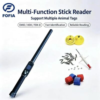 Lector de etiquetas de oído RFID FOFIA impermeable de largo alcance 134.2kHz, protocolo ISO11784/5, distancia de lectura de 30-100 cm, material de PVC para granjas