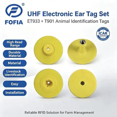 Nuevo UHF Electrónico RFID a prueba de agua TPU 5,7 mm amarillo etiquetas de orejas de animales ET933 + T901 chips 5 años de garantía Fofia uso de ganado hecho