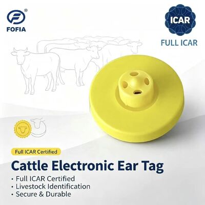 Nuevas etiquetas de oreja de animal RFID TPU amarillas ICAR LF impermeables de cobertura completa 14.5mm con chips ET908+T901, 5 años de garantía para uso en ganado Fofia