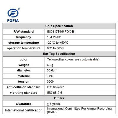 Nuevo FOFIA Full ICAR LF resistente al agua durable RFID TPU amarillo de vacas cerdos de ovejas etiquetas de oreja ET908 + T905 EM4305 chips 5 años de garantía 14.5mm