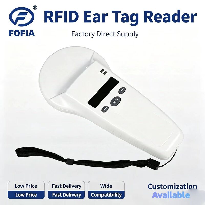 Lector de mano RFID de plástico duradero FOFIA con pantalla OLED 128x32 /USB para uso de mascotas y granjas / ranchos a larga distancia