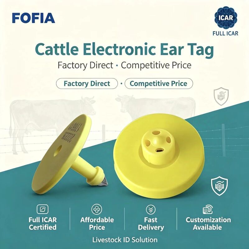 Nuevo Full ICAR RFID impermeable TPU amarillo etiquetas de orejas de animales 14.5mm EM4305 chips 5 años de garantía Fofia uso de la granja