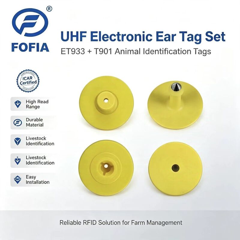 New UHF Waterproof RFID TPU 5.7mm Yellow Animal Ear Tags ET933+T901 Chips 5 Year Warranty Fofia Cattle Use