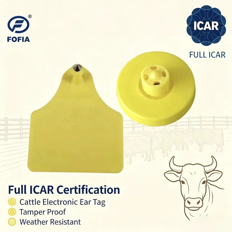 FOFIA Nuevas Etiquetas de Oreja RFID TPU Amarillas ICAR Duraderas a Prueba de Agua LF ET908+T905 Chips de Granja Garantía de 5 Años para Ganado de 14.5mm