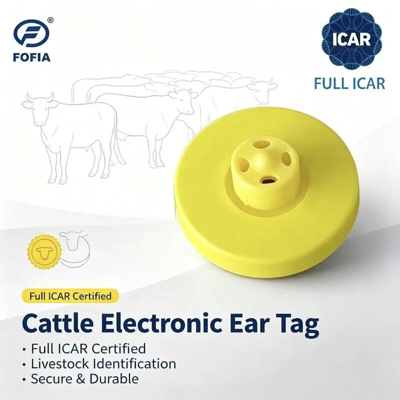 Nuevas etiquetas de oreja de animal RFID TPU amarillas ICAR LF impermeables de cobertura completa 14.5mm con chips ET908+T901, 5 años de garantía para uso en ganado Fofia