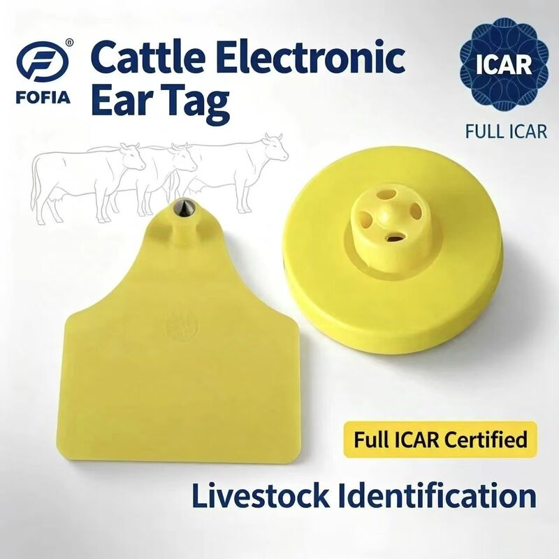 Nuevo FOFIA Full ICAR LF resistente al agua durable RFID TPU amarillo de vacas cerdos de ovejas etiquetas de oreja ET908 + T905 EM4305 chips 5 años de garantía 14.5mm