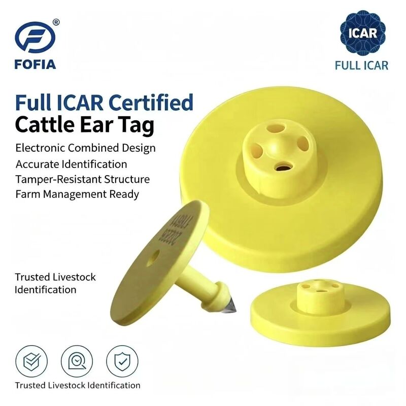 Nuevo Fofia Full ICAR ET908+T901 RFID a prueba de agua LF TPU etiquetas amarillas de orejas de animales 14.5mm Chips de vacas de ganado 5 años de garantía 0.01g