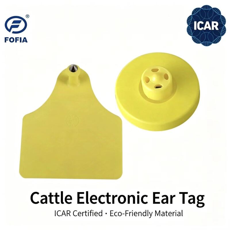 Nuevas etiquetas de oreja para ganado FOFIA Full ICAR LF duraderas e impermeables RFID TPU amarillas ET908+T905 con chips EM4305 Garantía de 5 años 14.5mm