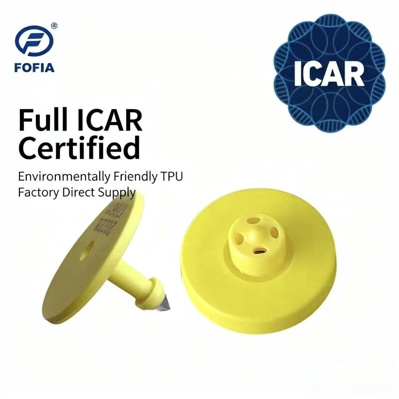 Etiqueta de oreja de vaca RFID TPU amarilla Fofia ICAR certificada ET908, impermeable, 1.5 años de garantía, codificación láser, seguimiento de ganado