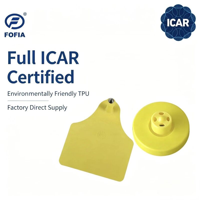 FOFIA Nuevas Etiquetas de Oreja RFID LF TPU Amarillas ICAR Duraderas a Prueba de Agua ET908+T905 Chips EM4305 Garantía de 5 Años para Ganado 14.5mm